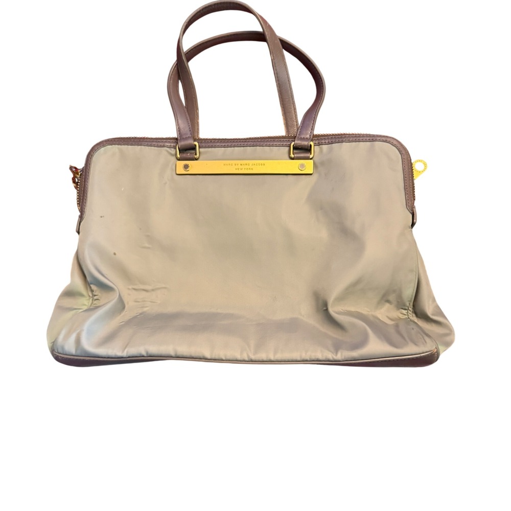 Marc by Marc Jacobs Nylon Tote Bag Taupe Grey Gold Hardware Logo Bar Satchel